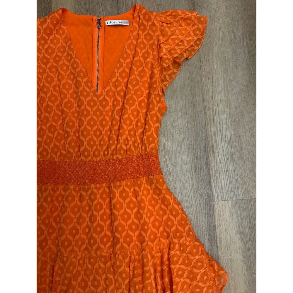 Alice + Olivia Markita Orange Silk Blend Geometric Ruffle Mini Dress sienna 4 - Picture 6 of 8